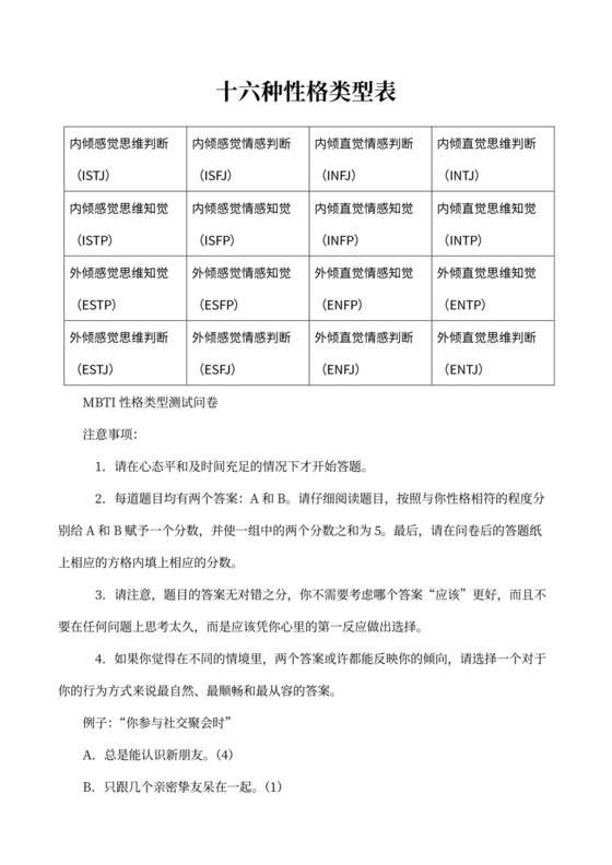 职业性格测试及解析最完整