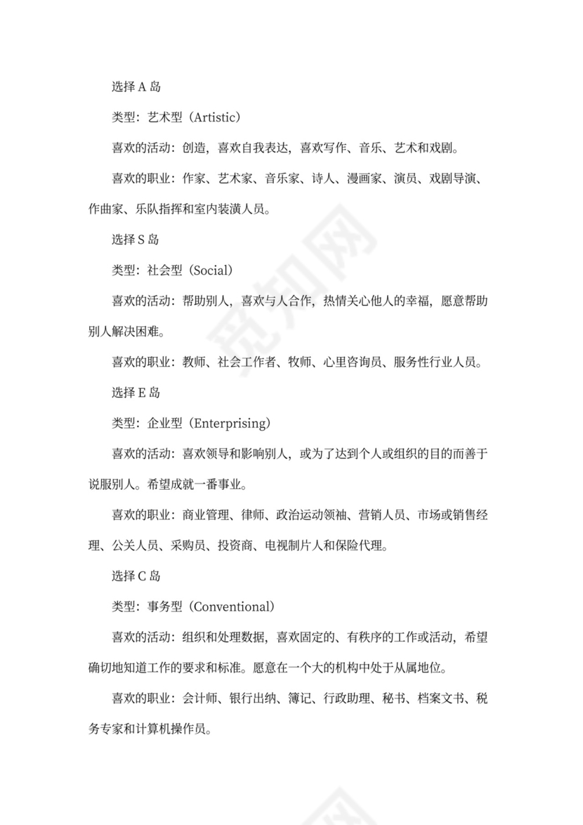 六个岛屿旅游职业生涯规划测评试题.