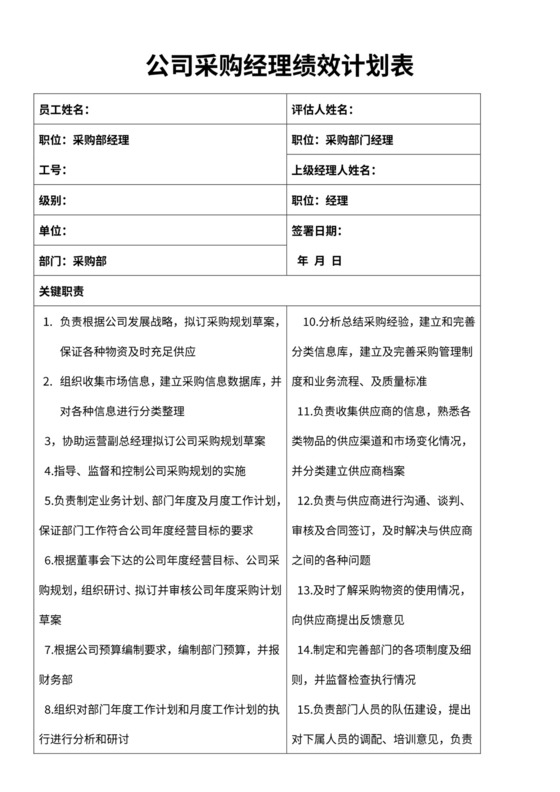 公司采购经理绩效计划表