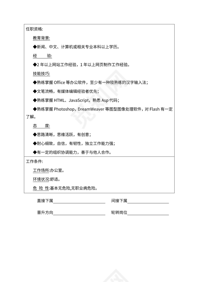 人事管理职位说明书与绩效考核范本