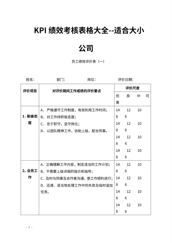 KPI绩效考核表格大全--适合大小公司