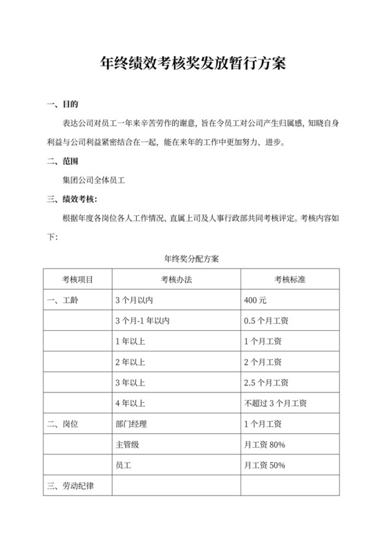 年终绩效考核奖发放暂行方案word文档