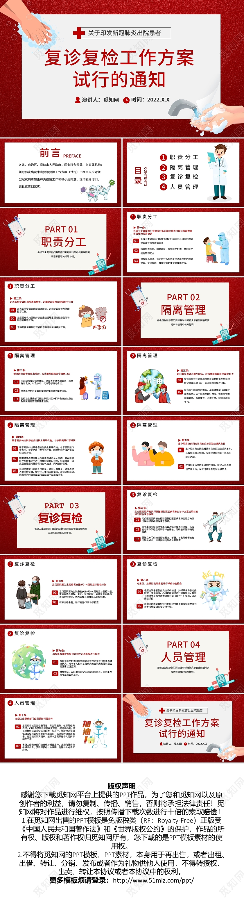 红色卡通复诊复检工作方案试行的通知工作终结PPT模板防疫疫情