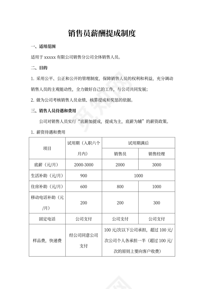 简约销售员薪酬提成制度Word模版