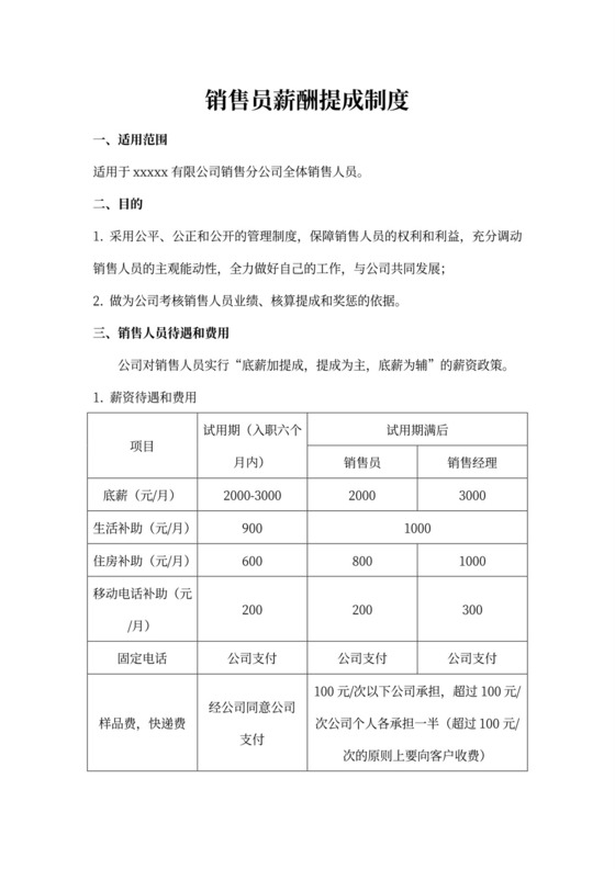 简约销售员薪酬提成制度Word模版