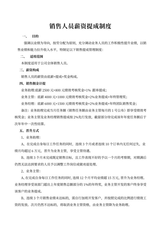 销售人员薪资提成制度