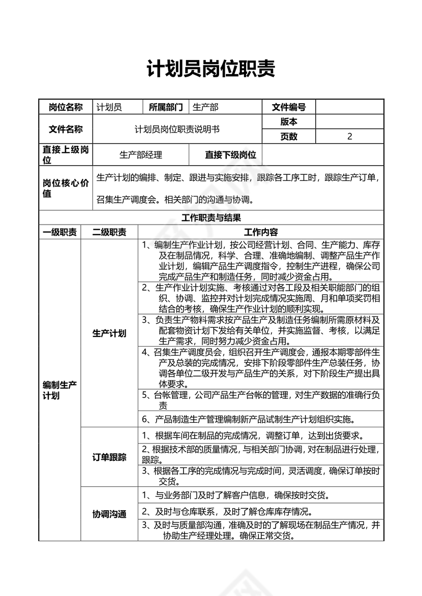 计划员岗位职责