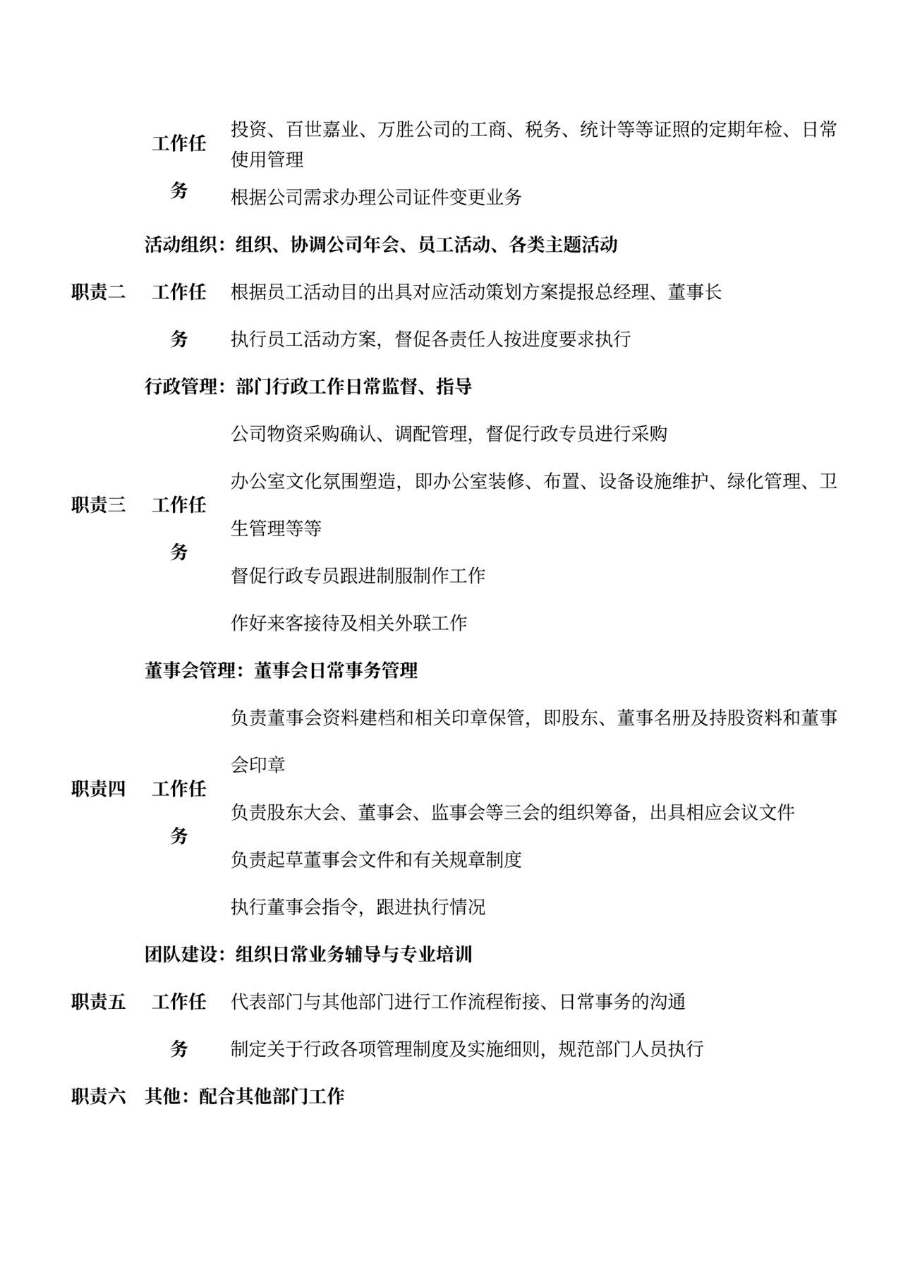 各部门的岗位职责