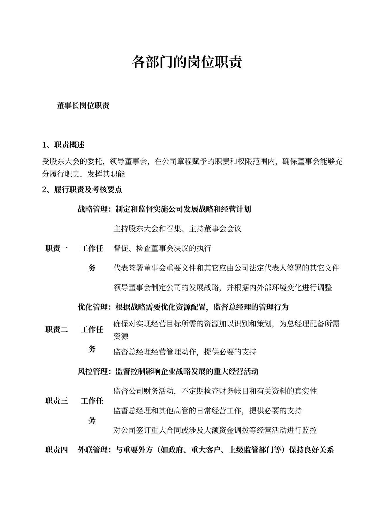 各部门的岗位职责