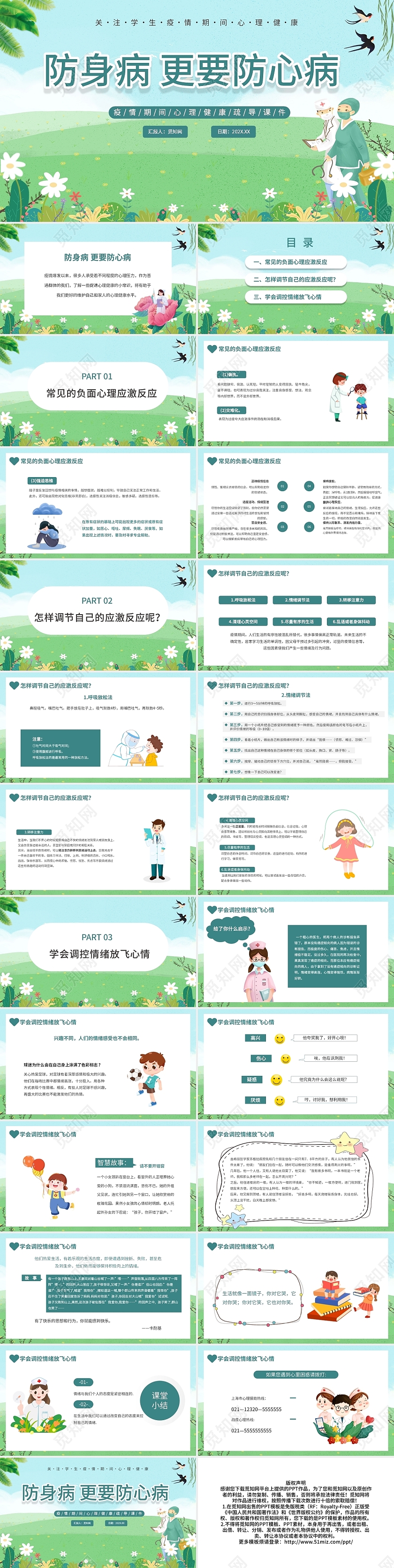 绿色卡通防身病更要防心病疫情期间健康宣讲说课课件PPTmub防疫疫情