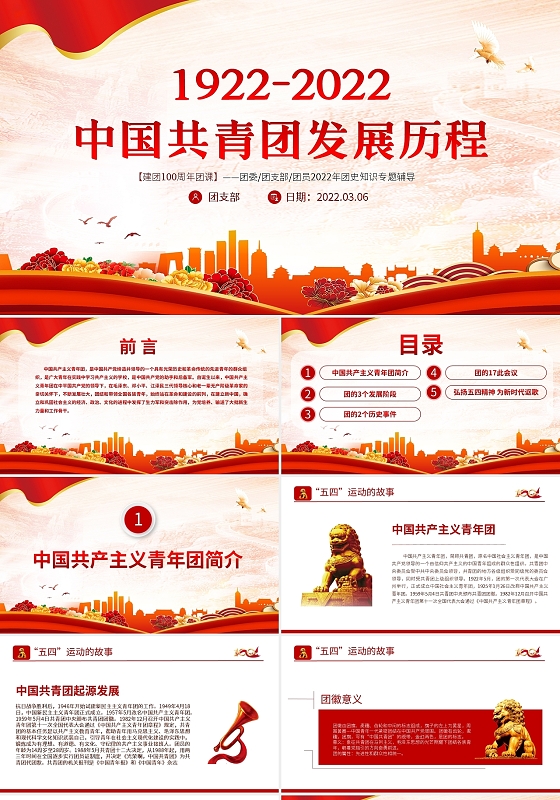 党建红色简约中国共青团发展历程PPT模板宣传PPT动态PPT党课共青团建团100周年团史节日
