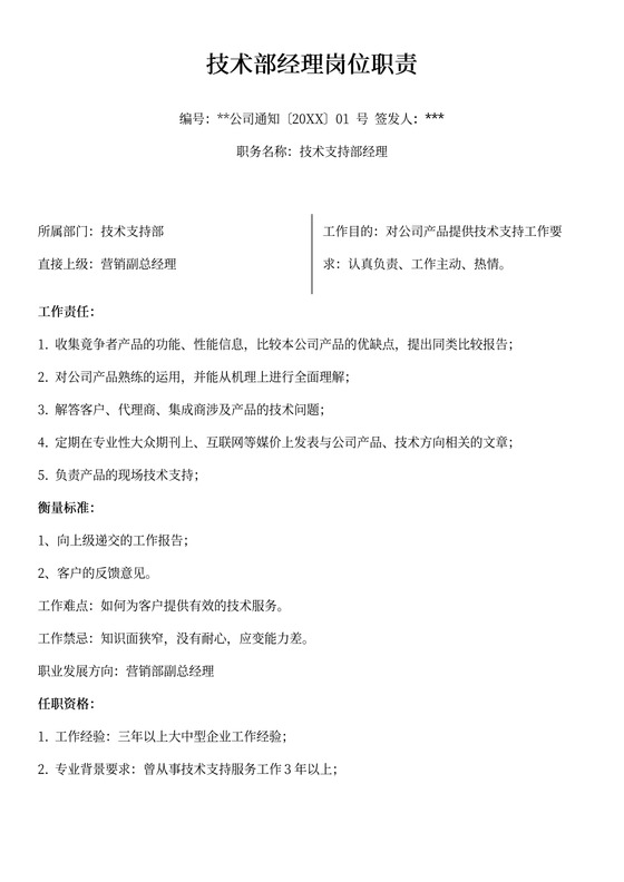 技术部经理岗位职责
