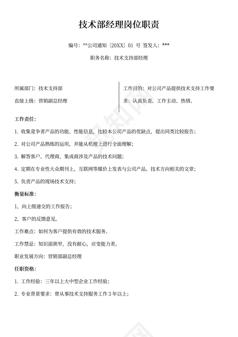 技术部经理岗位职责