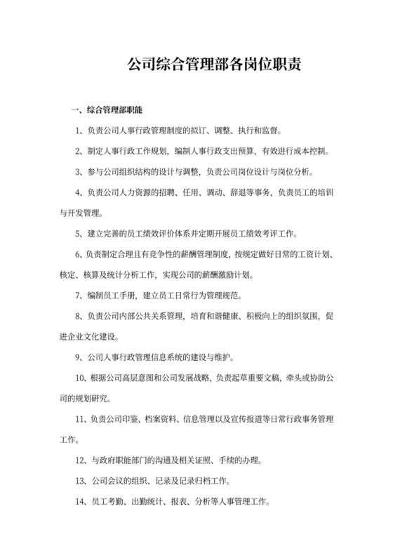 公司综合管理部各岗位职责Word文档