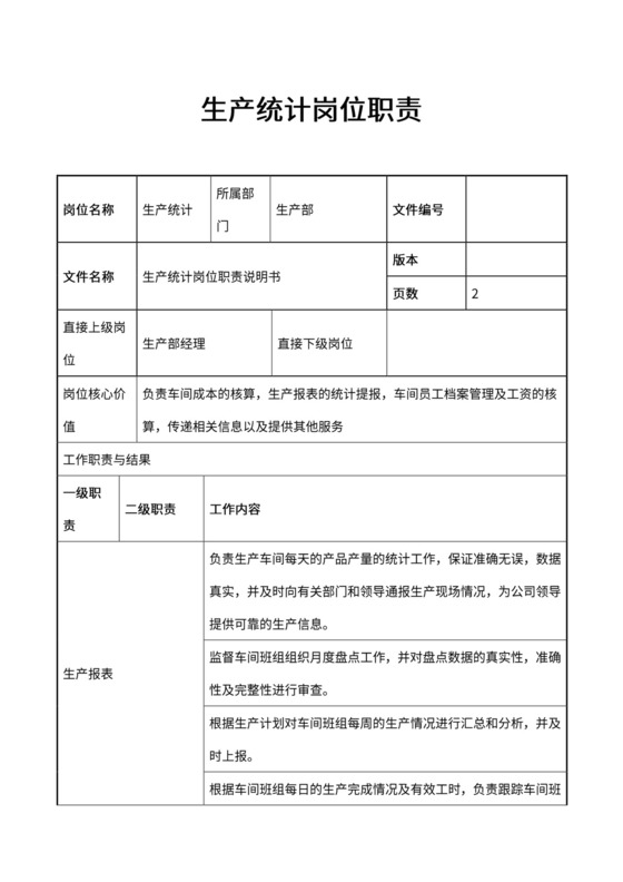 生产统计岗位职责word