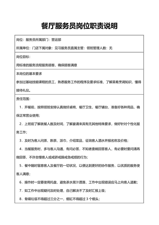 餐厅服务员岗位职责说明