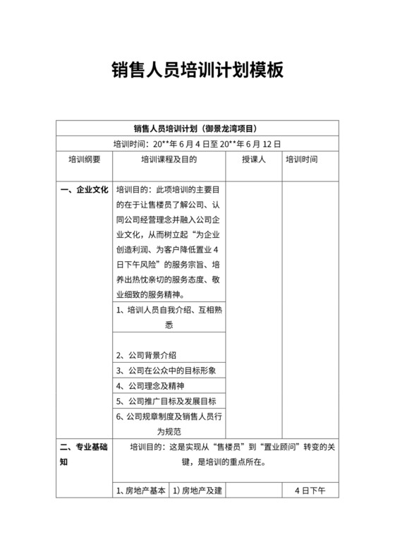 销售人员培训计划模板