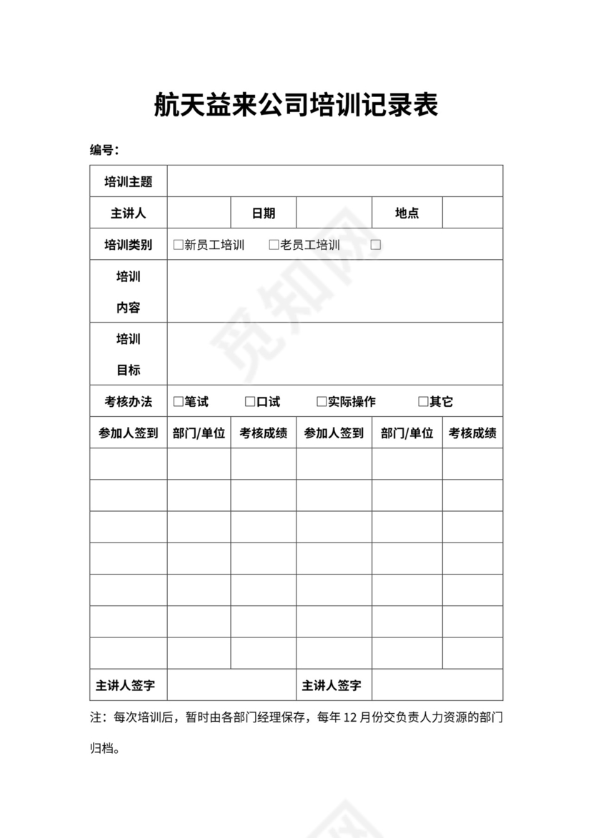 公司员工培训记录表