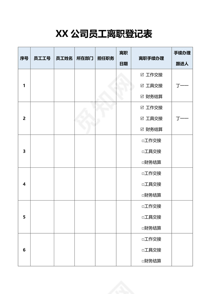 公司员工离职登记表word模板