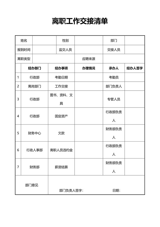 离职工作交接清单Excel模板