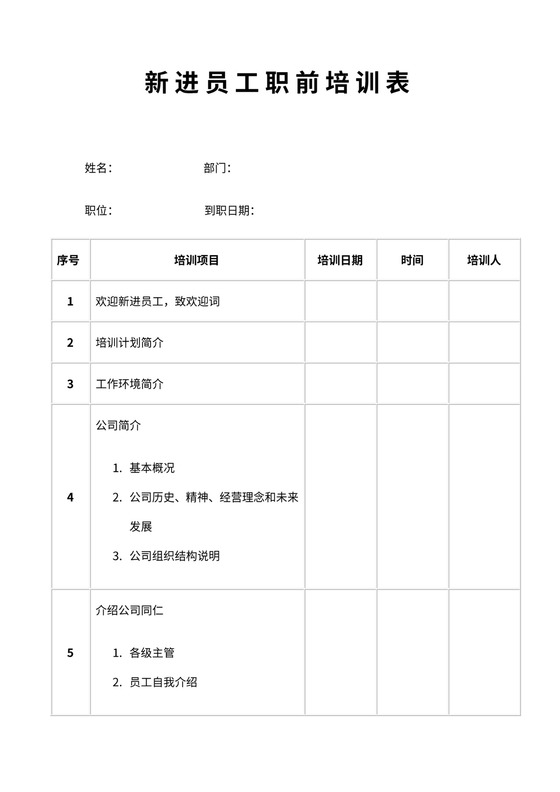 新进员工职前培训表word文档