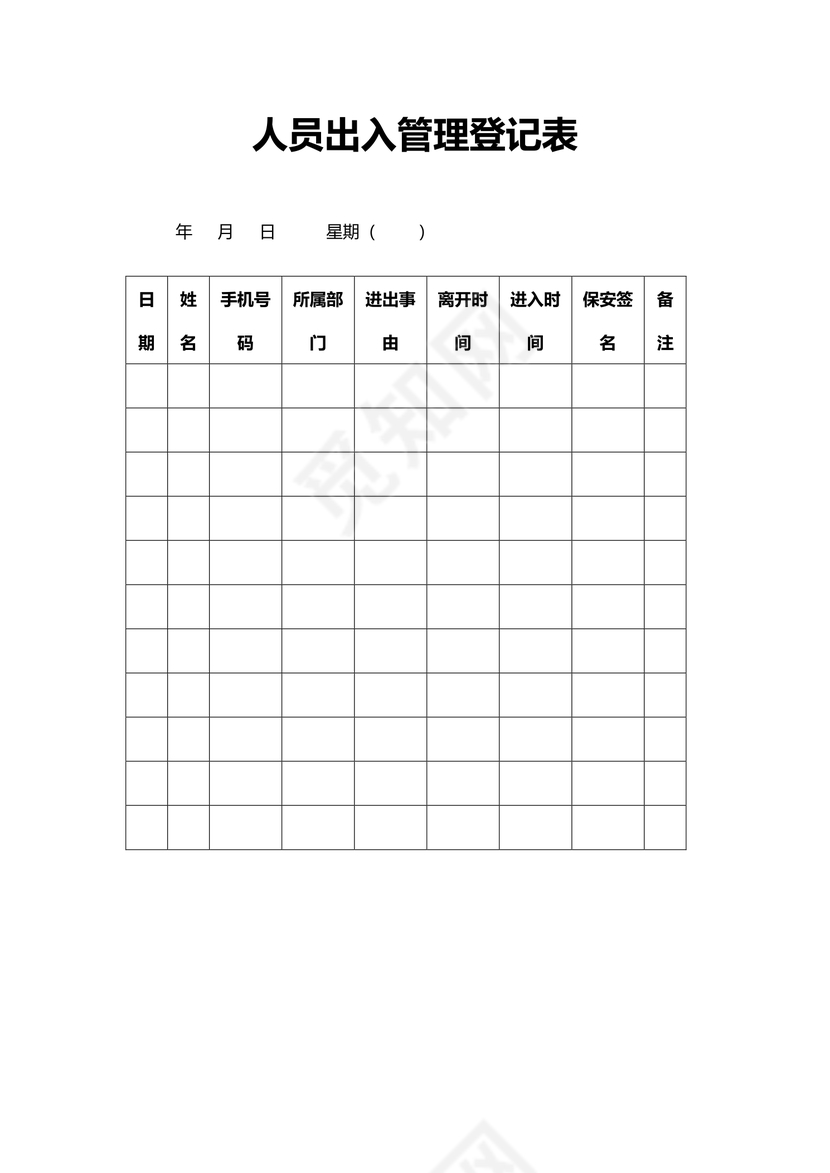 人员出入管理登记表