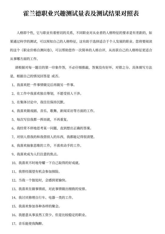 霍兰德职业兴趣测试量表及测试结果对照表