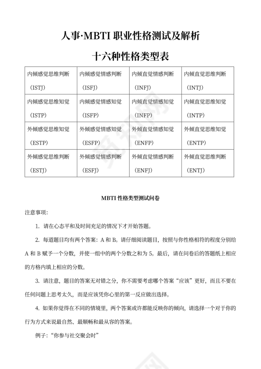 MBTI职业性格测试及解析word文档