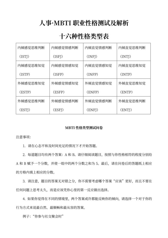 MBTI职业性格测试及解析Word模板