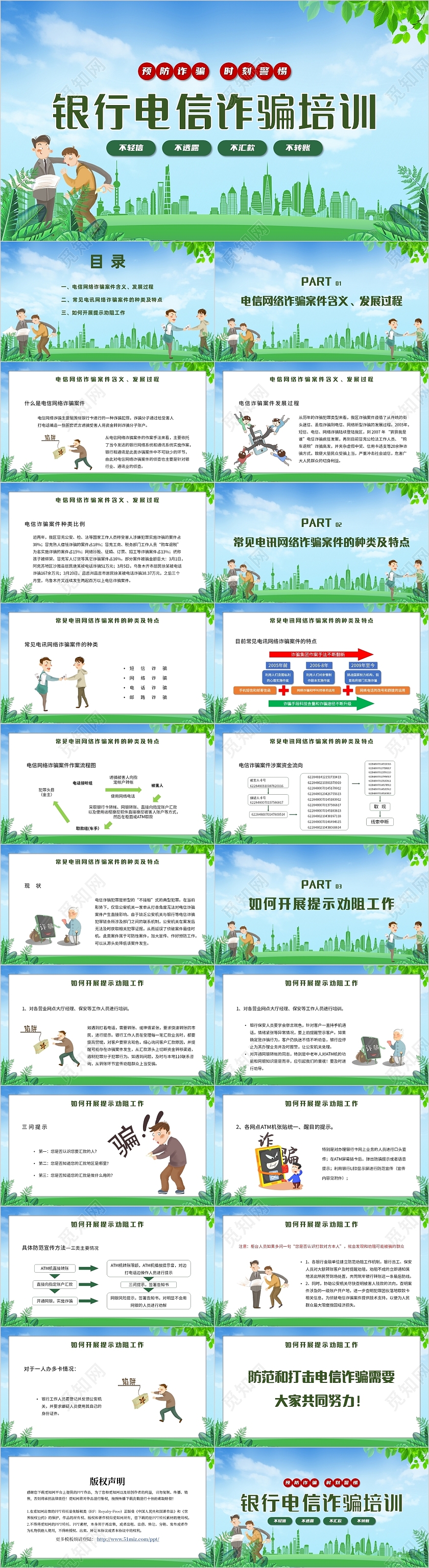 蓝色绿色简约银行电信诈骗培训主题PPT模板