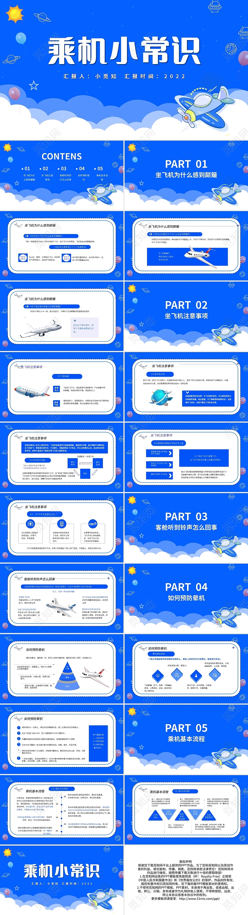 蓝色简约乘机小常识PPT模板宣传PPT动态PPT五月你好节日