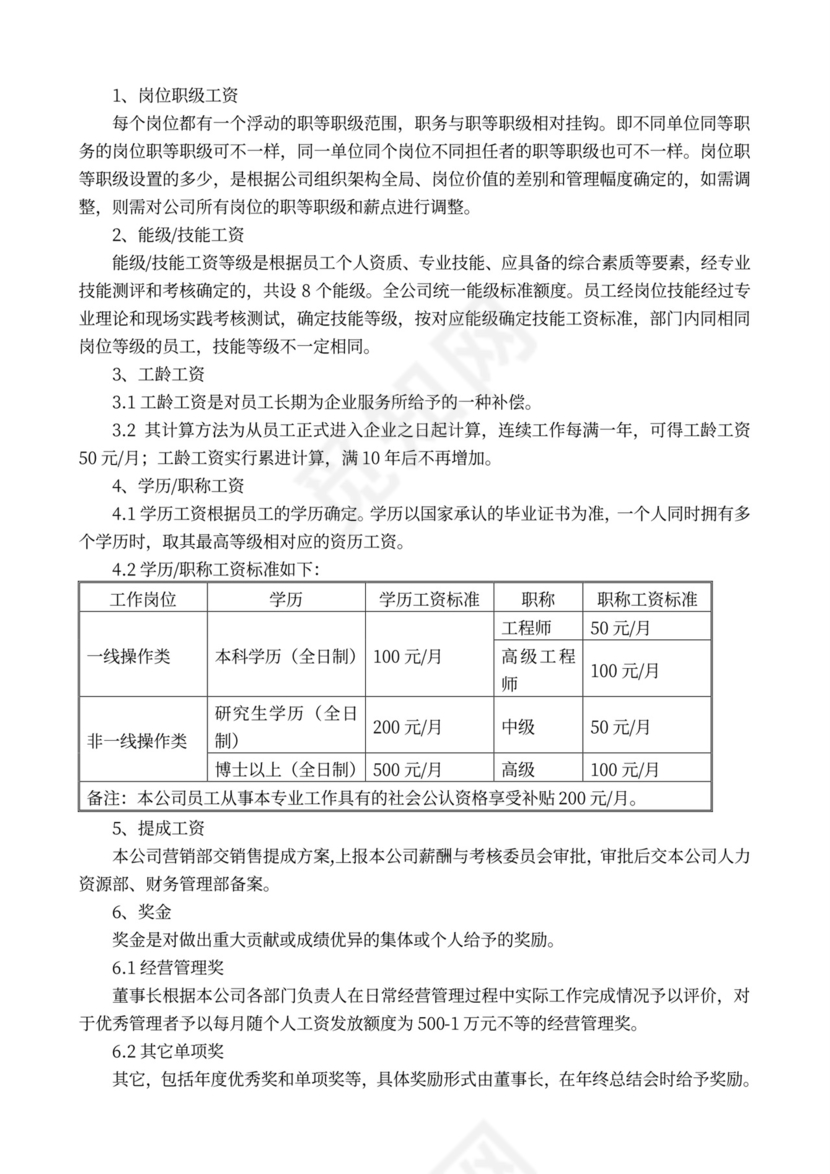 完整企业薪酬管理制度word模板