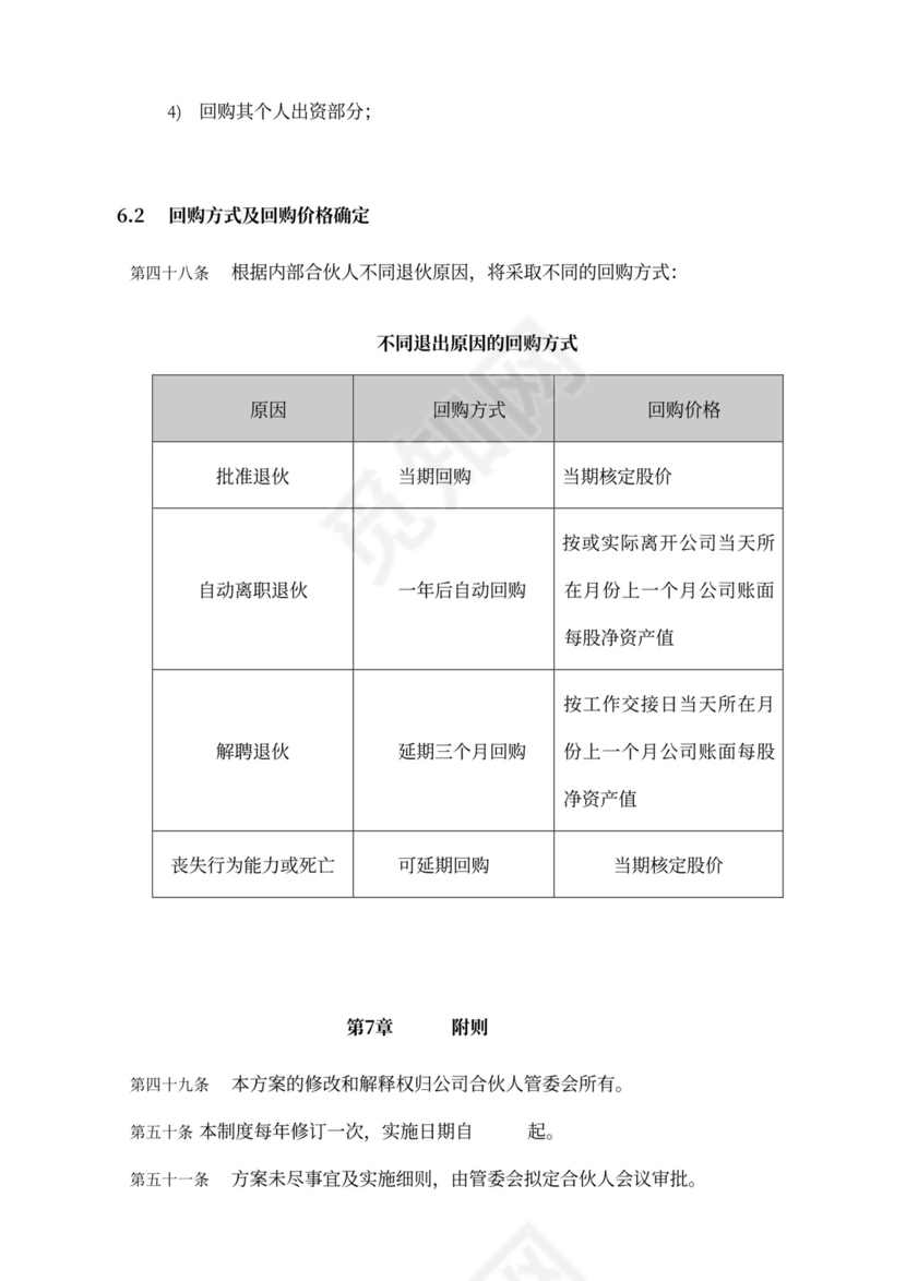 内部合伙人制度及股权激励方案word模板