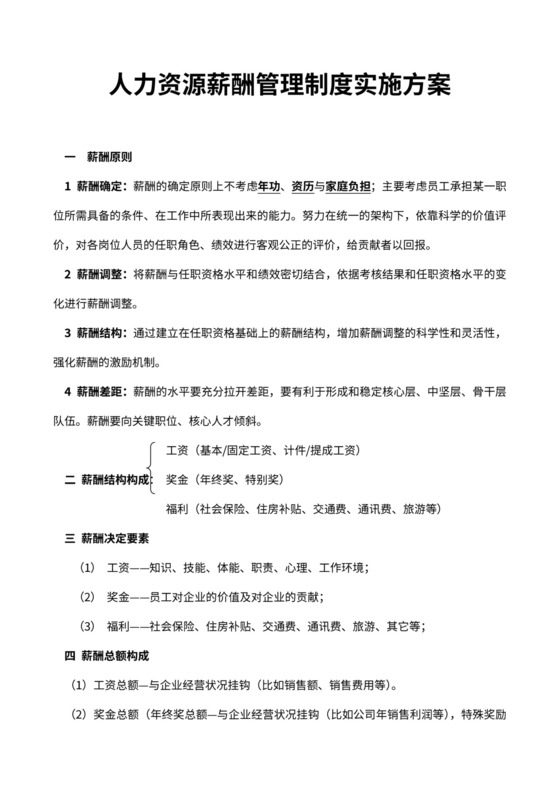 人力资源薪酬管理制度及实施方案