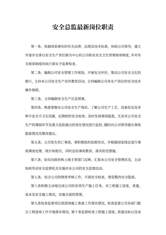 安全总监最新岗位职责