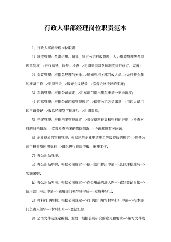 行政人事部经理岗位职责范本