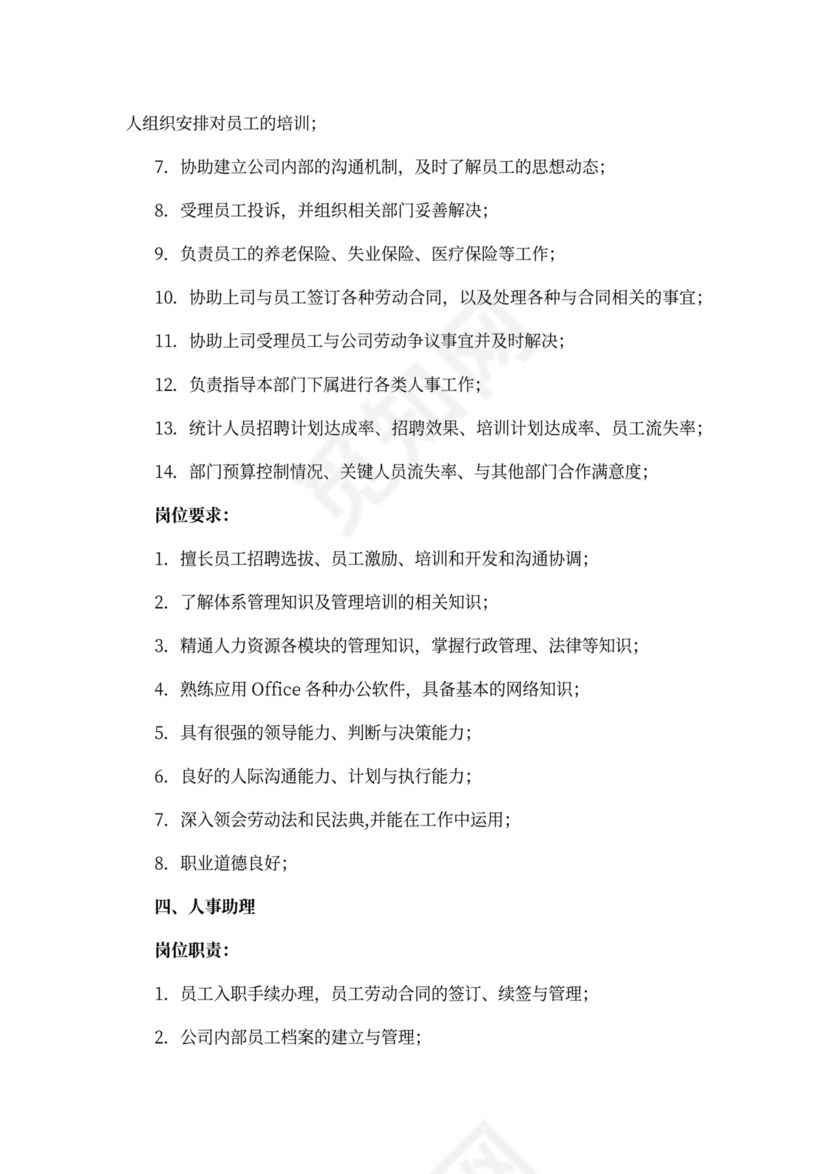 人力资源部及各岗位职责与要求
