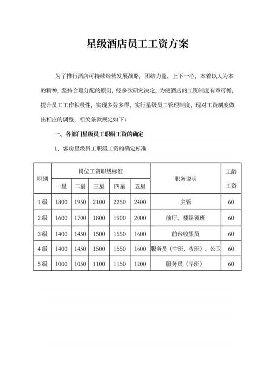 星级酒店员工工资方案