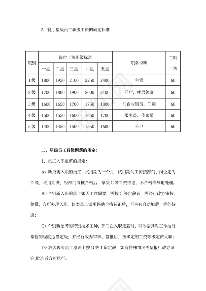 星级酒店员工工资方案