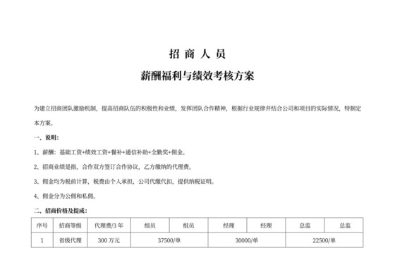 招商人员薪酬福利和绩效考核方案与对策