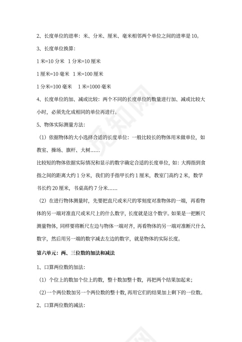 苏教版二年级数学下册知识要点