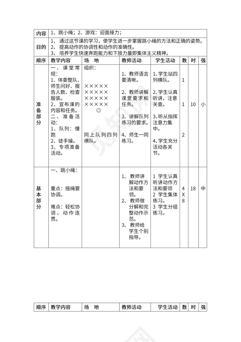 一年级体育全套教案word模板