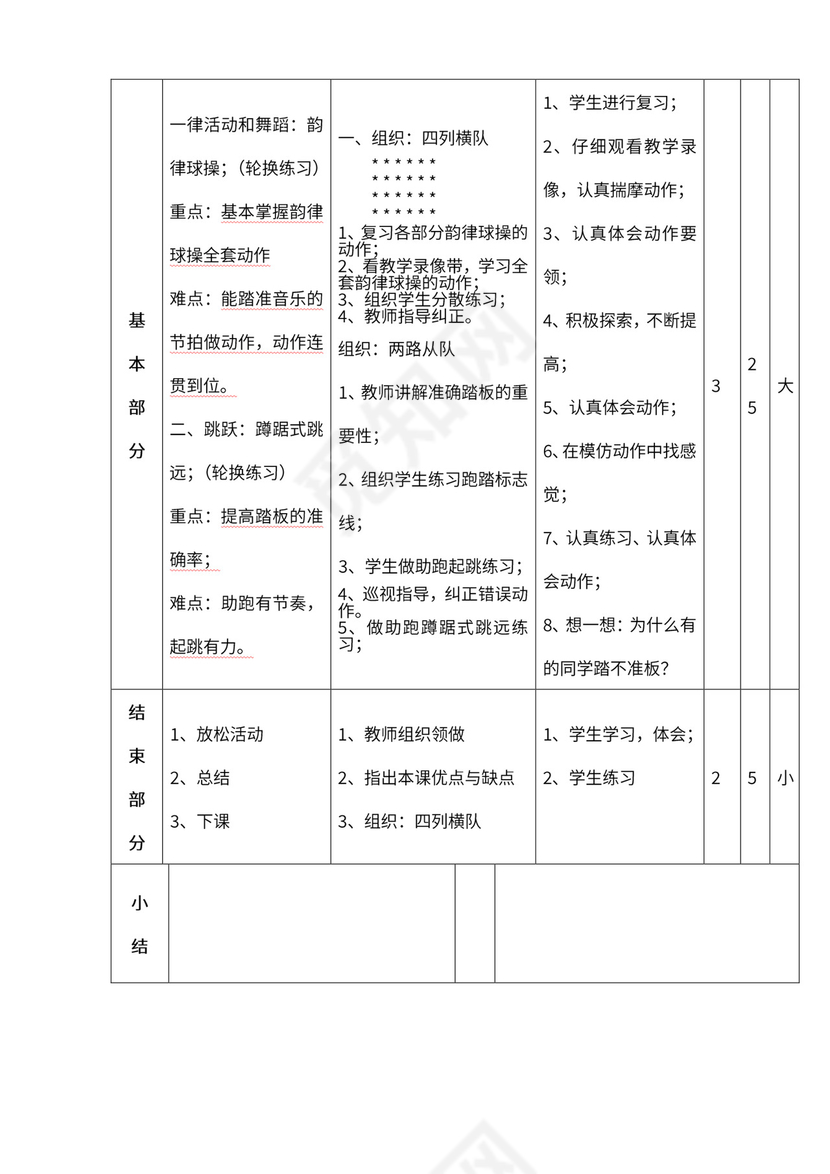 小学四年级体育课教案全集