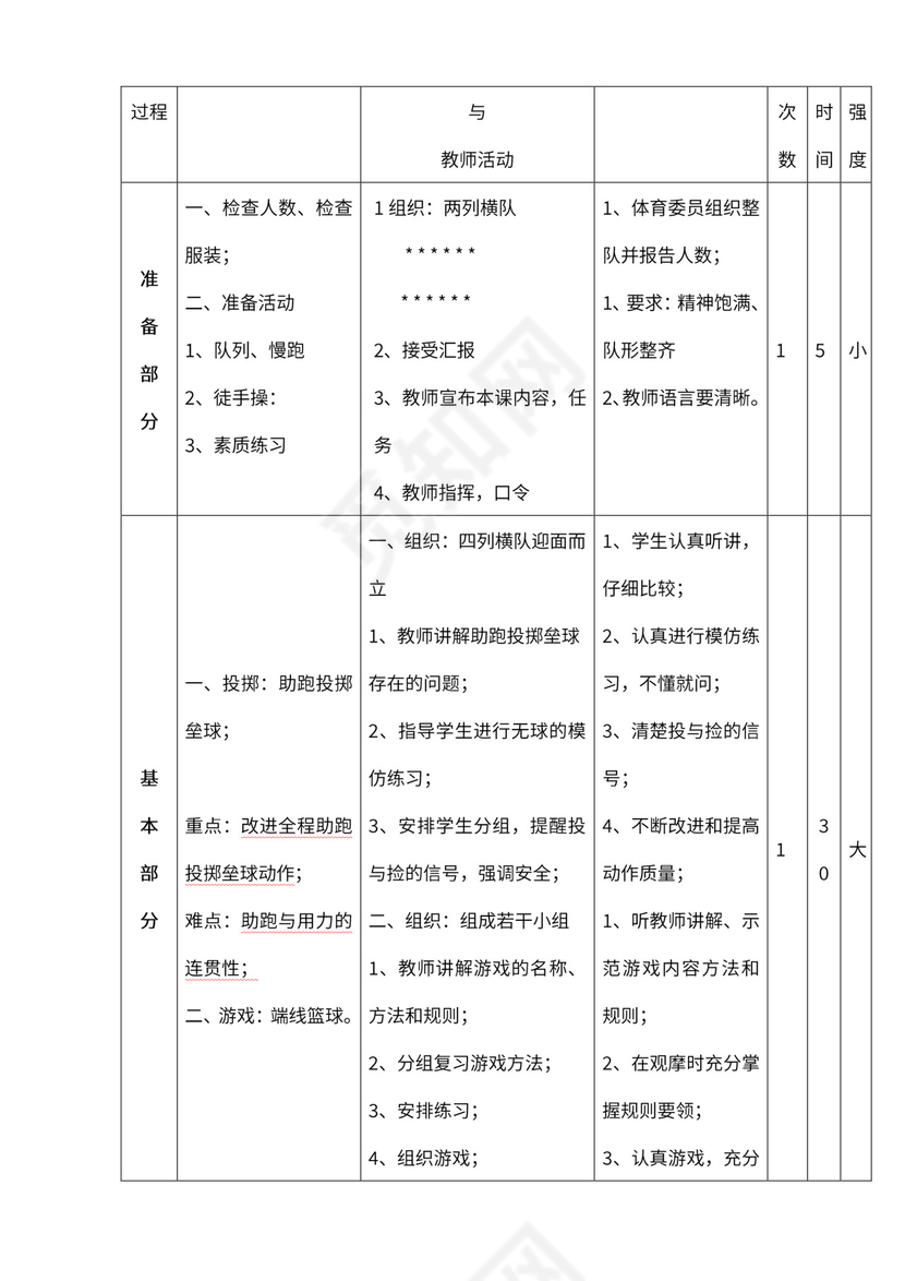 小学四年级体育课教案全集
