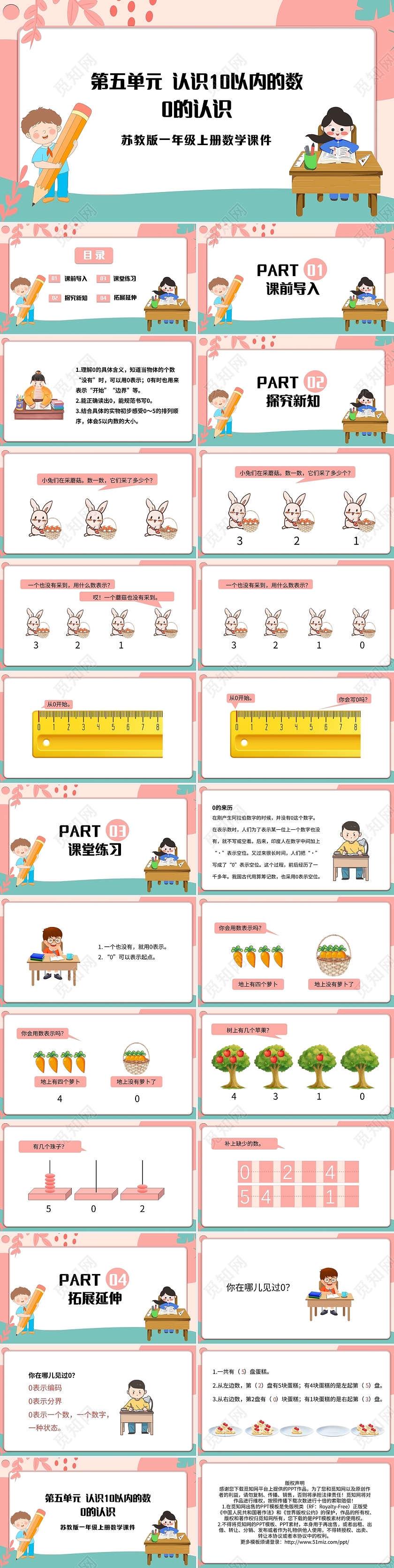 粉色简约苏教版小学数学一年级上册课件PPT模板宣传PPT动态小学一年级上册0的认识教学教案课件