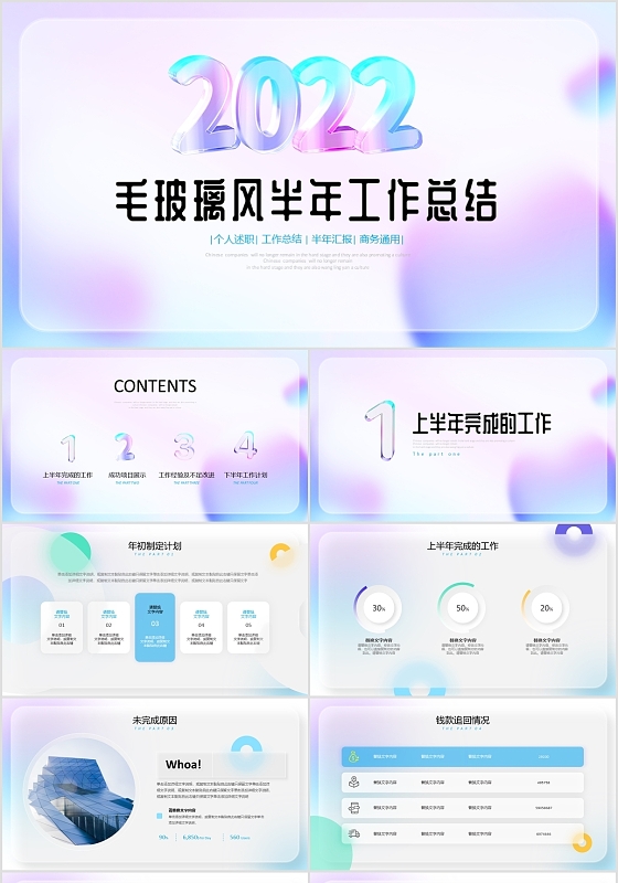蓝紫柔色毛玻璃风半年工作总结述职报告项目汇报PPT上半年工作总结