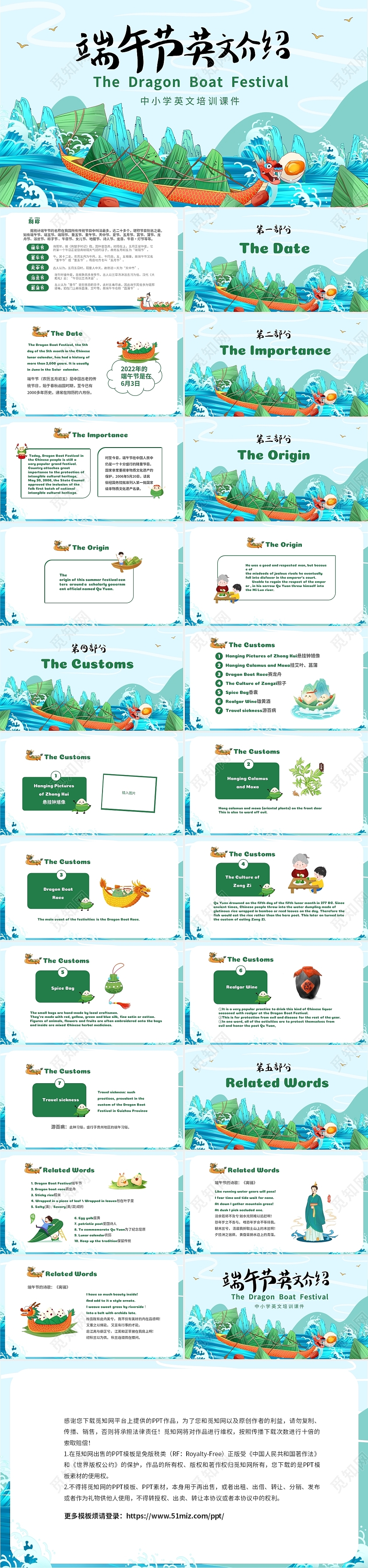 绿色清新卡通儿童端午节英文介绍PPT端午节英文介绍ppt