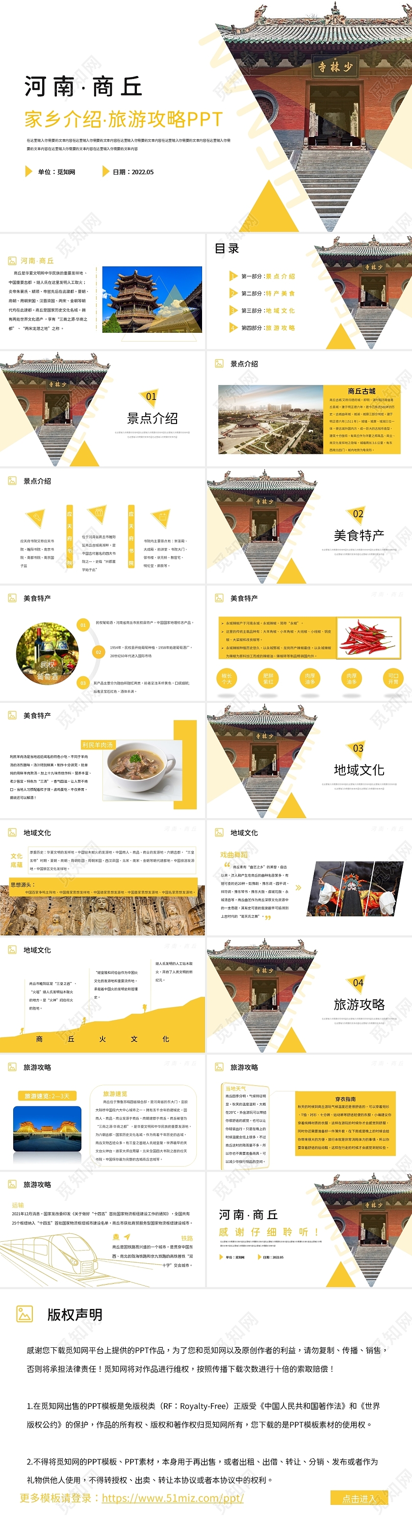 黄色几何简约风河南商丘家乡介绍主题PPT模板介绍河南旅游相册