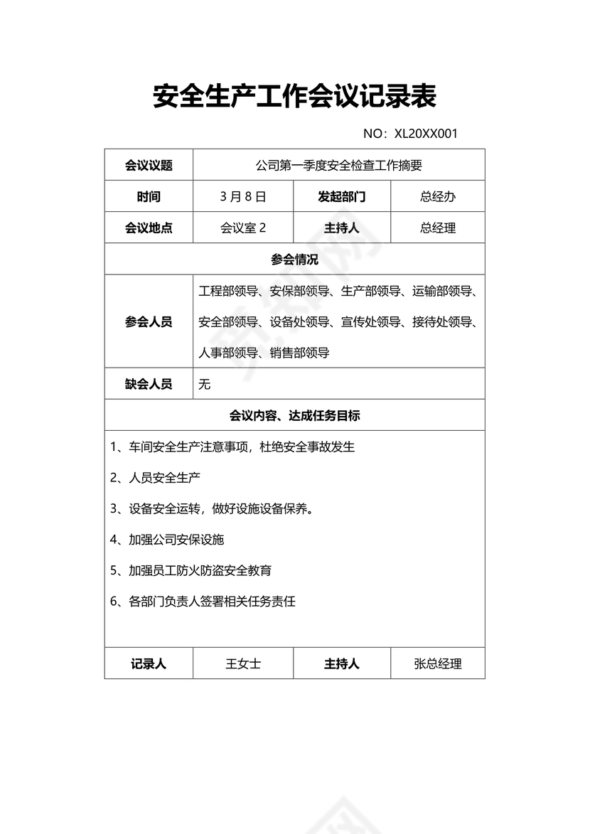 安全生产工作会议记录表word模板