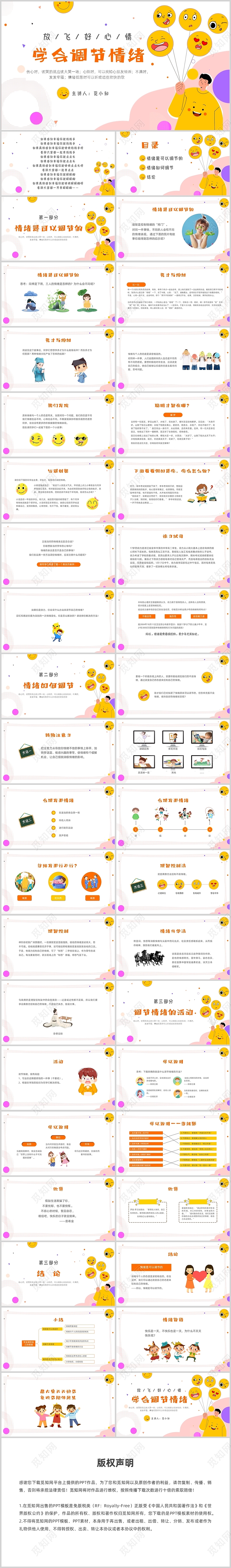 橙色卡通小学生教育学会调节情绪PPT课件小学生心理健康